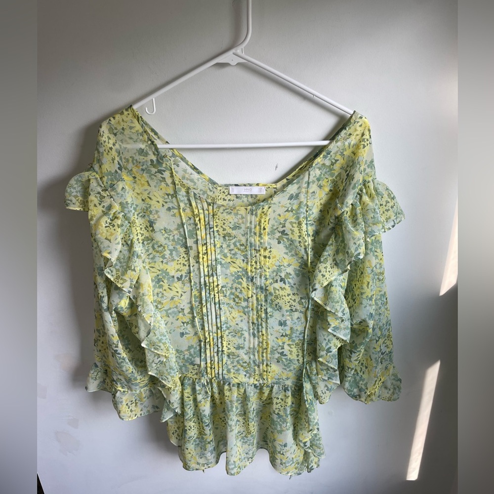MNG by Mango Yellow Floral Print Long Sleeve Chiffon Blouse Women 8